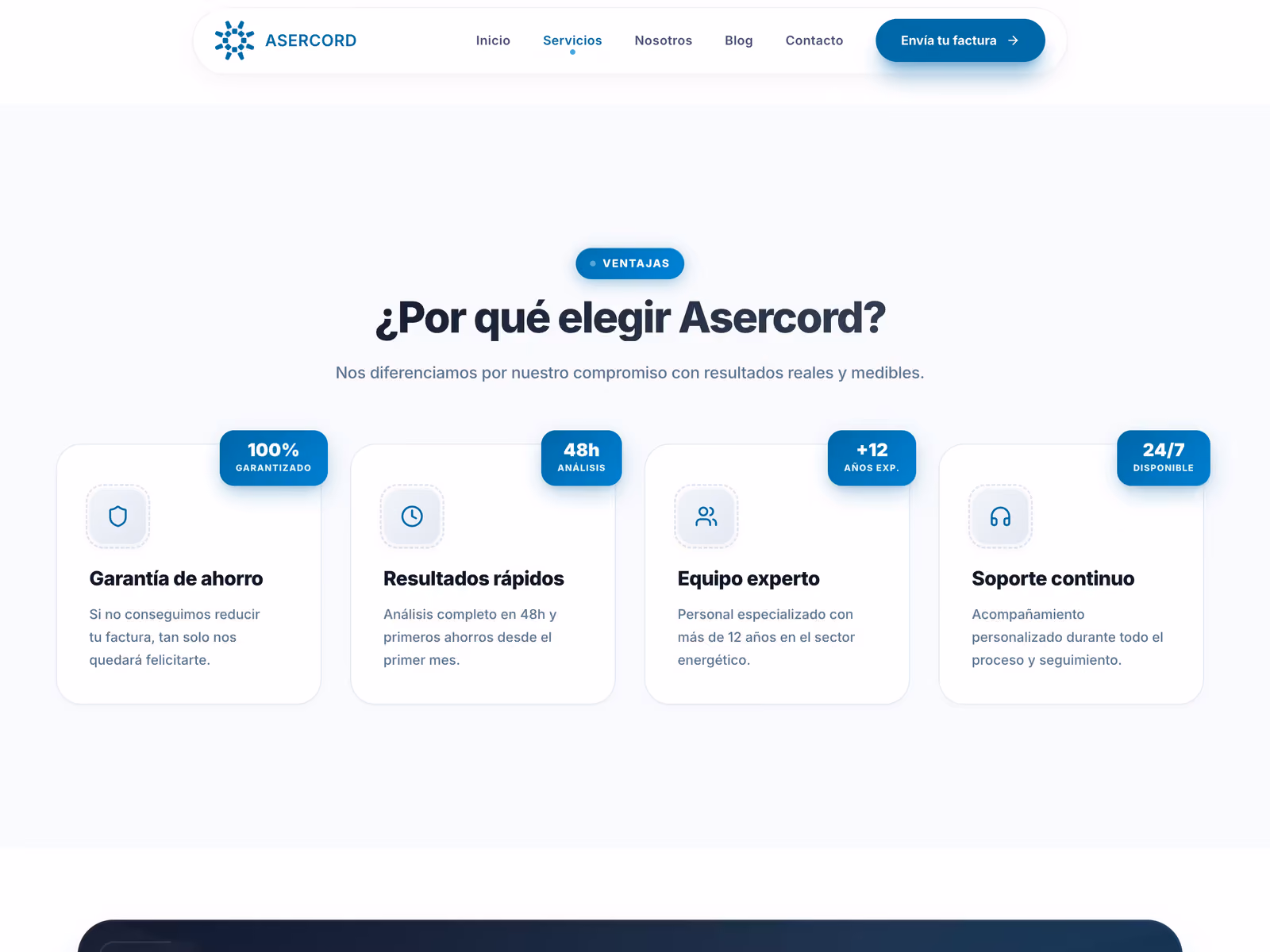 Asercord Energía — Process and social proof section