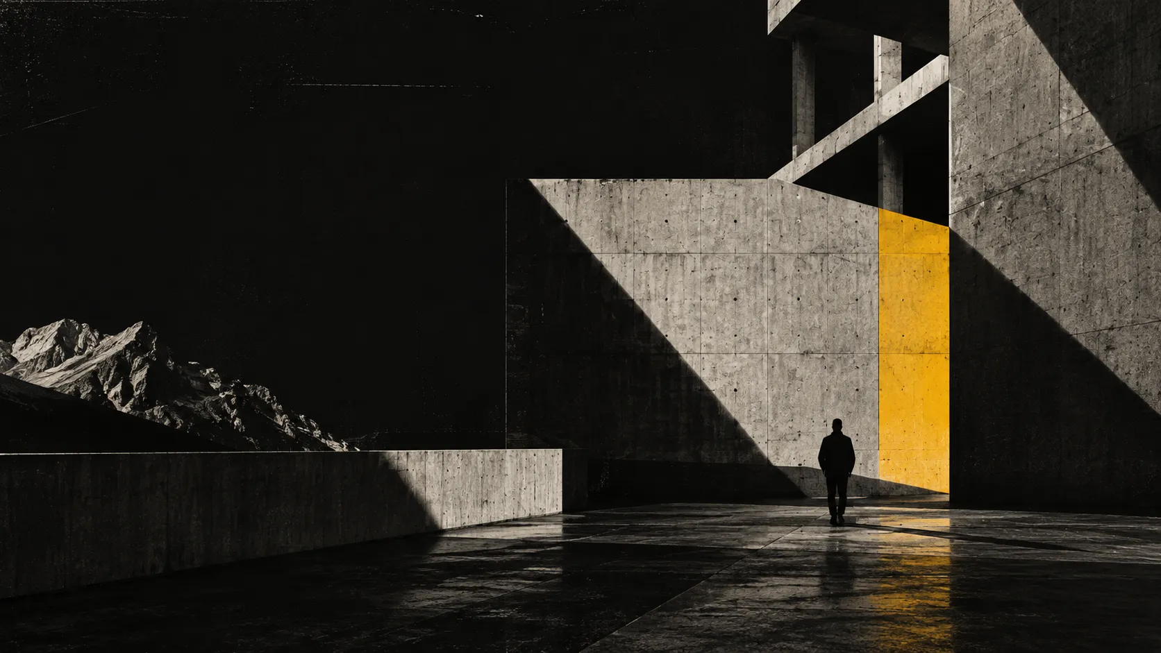 A silhouette in a concrete architectural space with a yellow wall