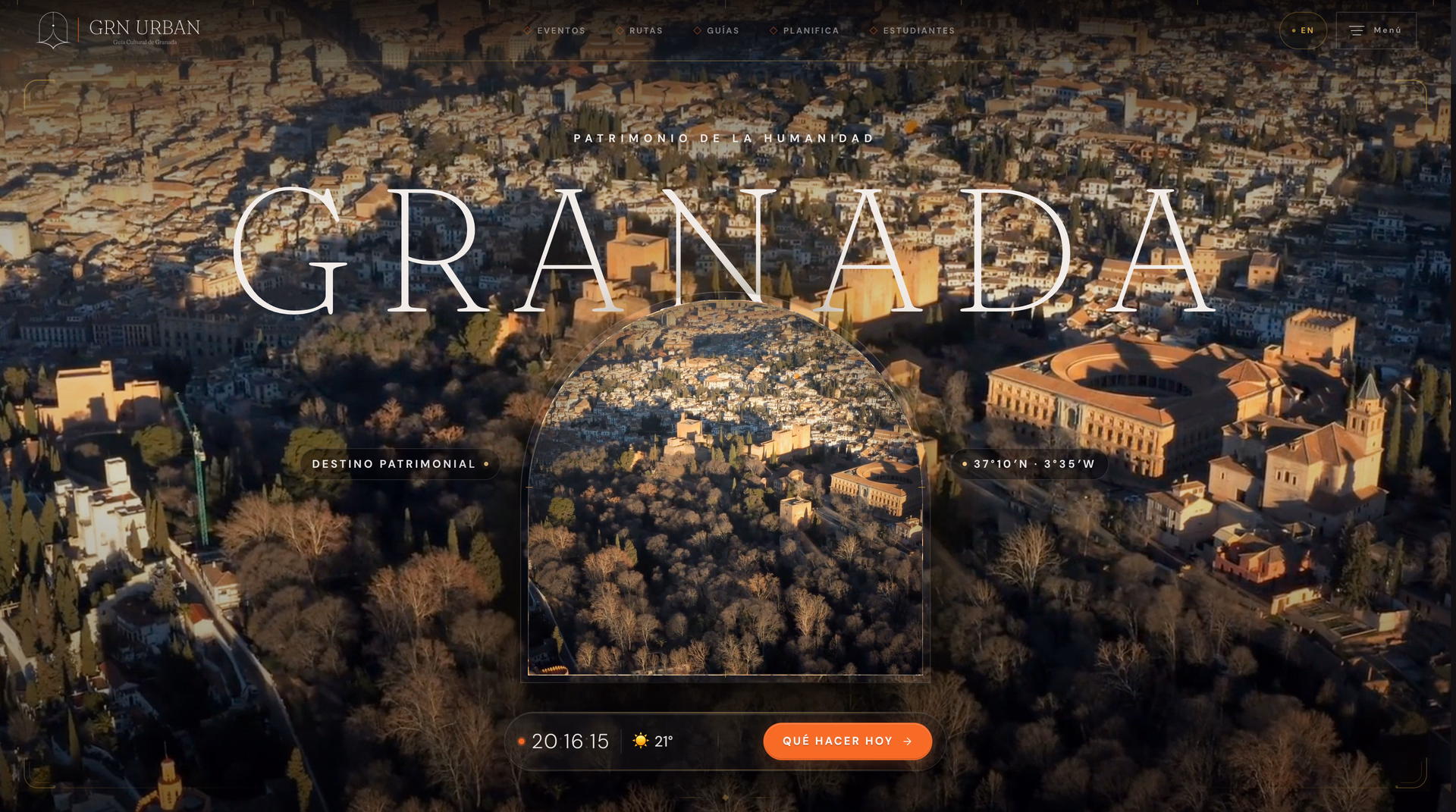 GRN Urban homepage with monumental GRANADA lettering over an aerial view of the Alhambra and the city
