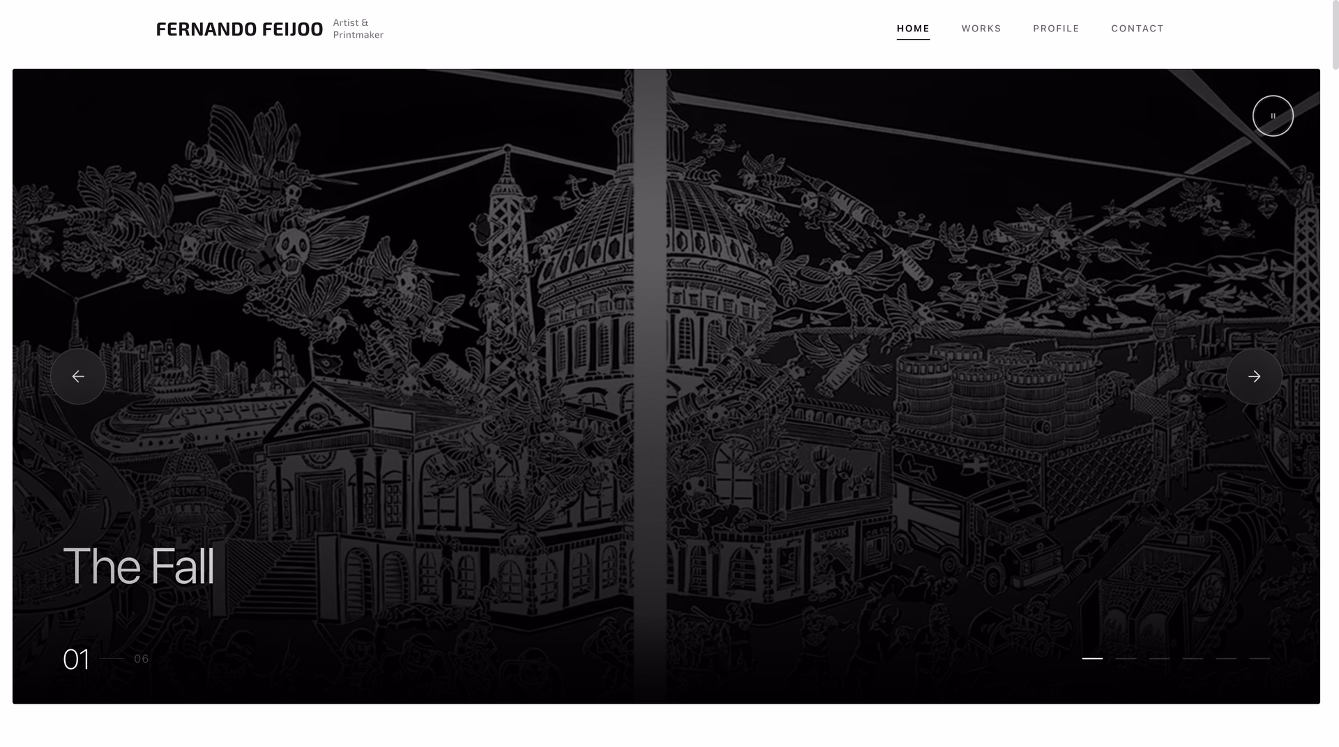 Fernando Feijoo homepage presenting the artwork The Fall in an immersive full-width viewer