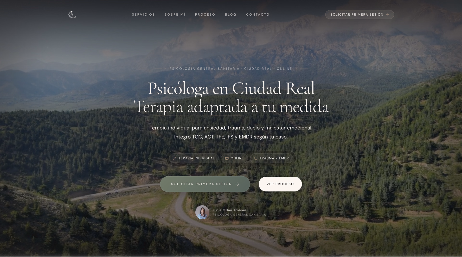 Lucía Millán Psicología homepage over a mountain landscape, presenting individual, online and trauma therapy