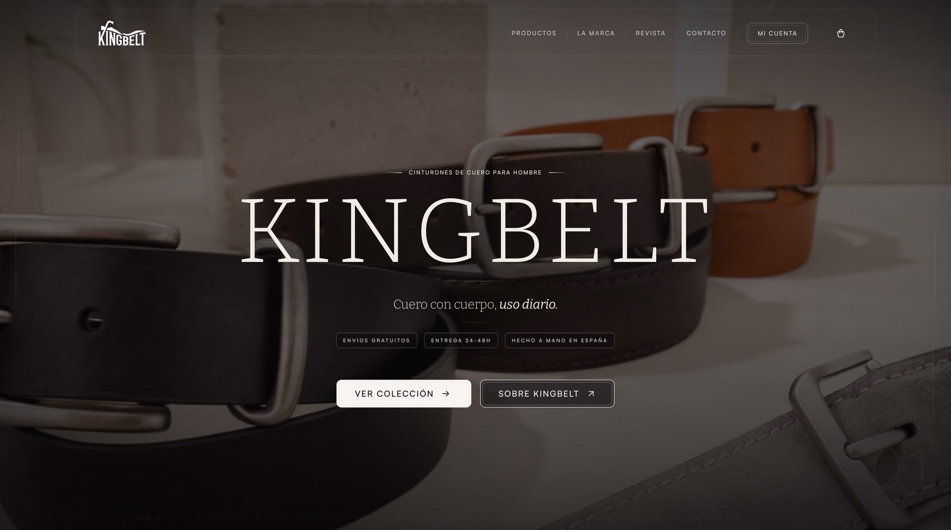 KingBelt homepage with the brand wordmark over close-up leather belts and collection and brand links