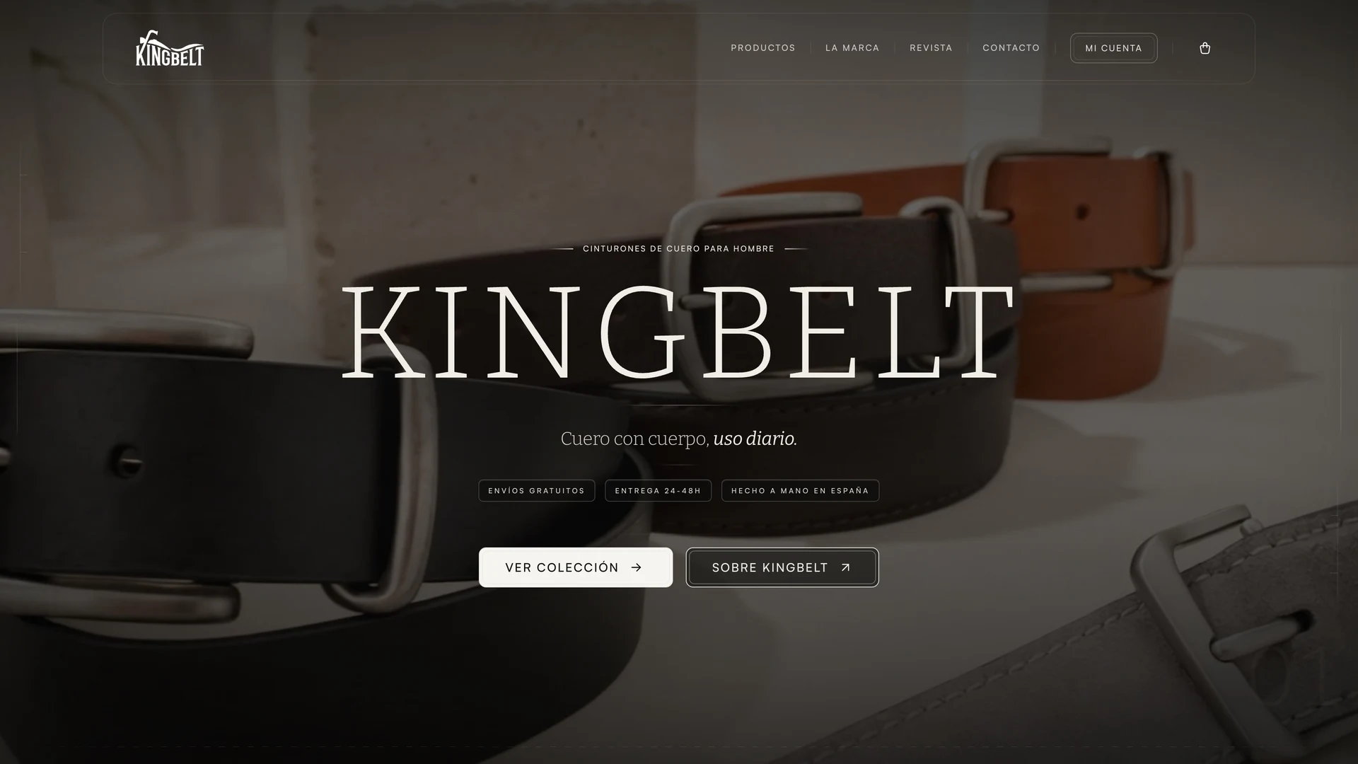 KingBelt homepage with the brand wordmark over close-up leather belts and collection and brand links