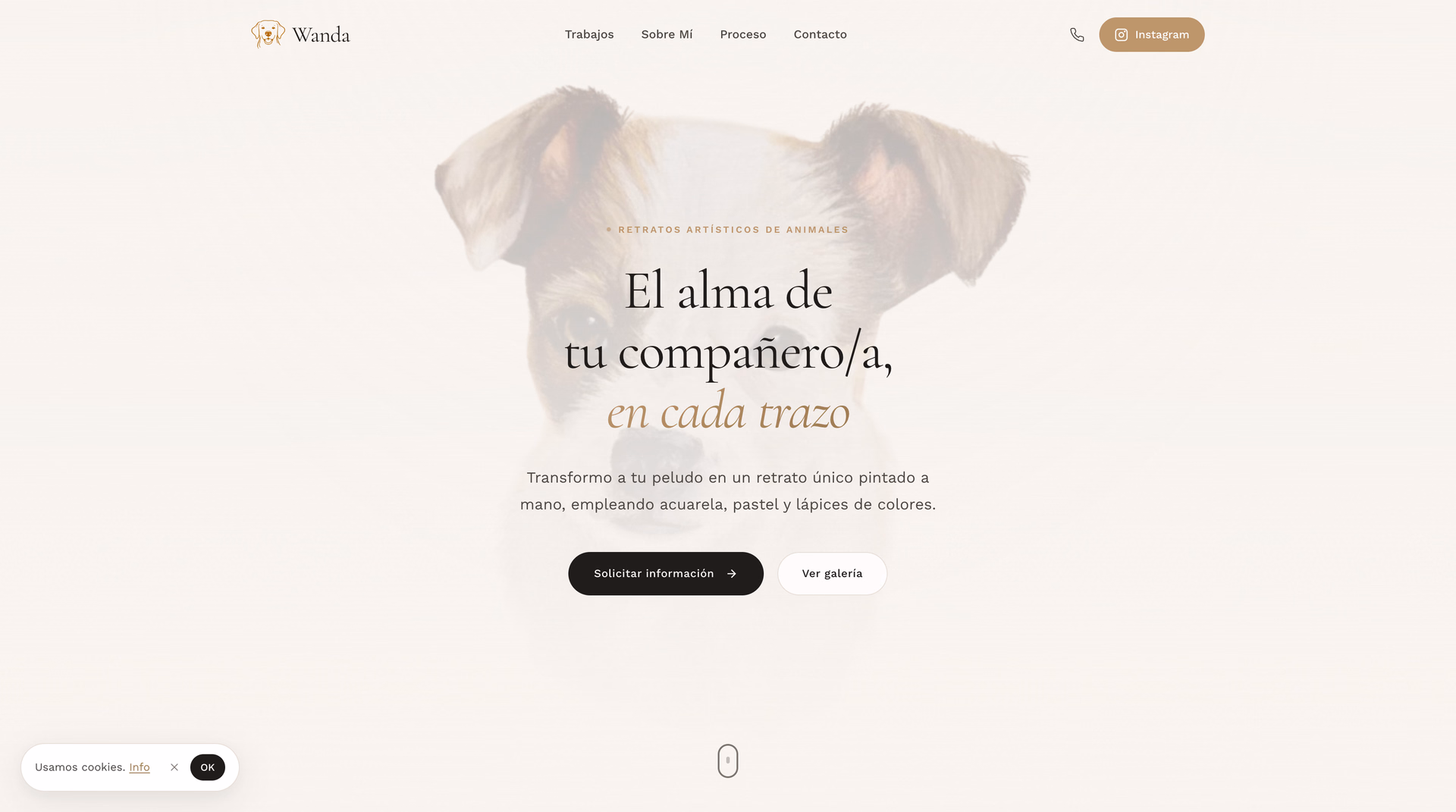 Wanda Animalart homepage with the phrase about capturing each animal's soul over a painted dog portrait