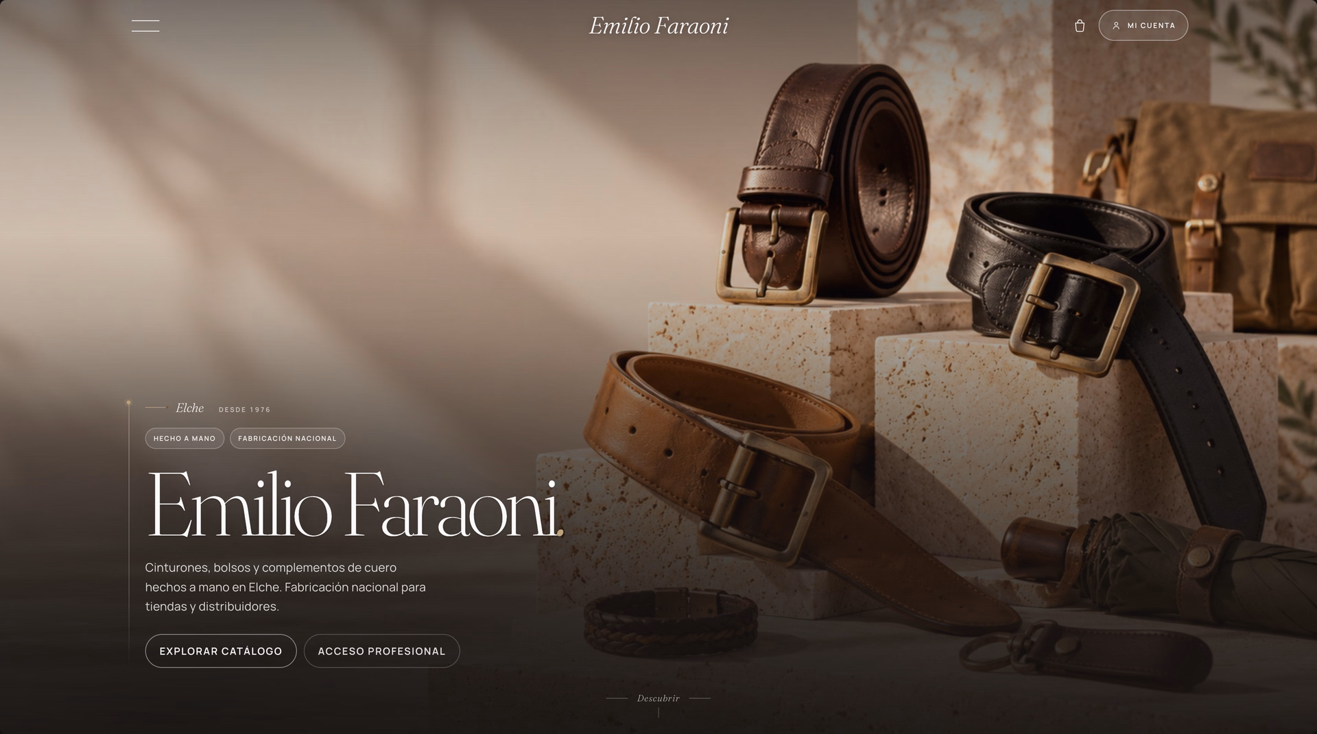Emilio Faraoni homepage presenting the brand over an arrangement of leather belts on stone blocks, with catalogue and professional-access actions