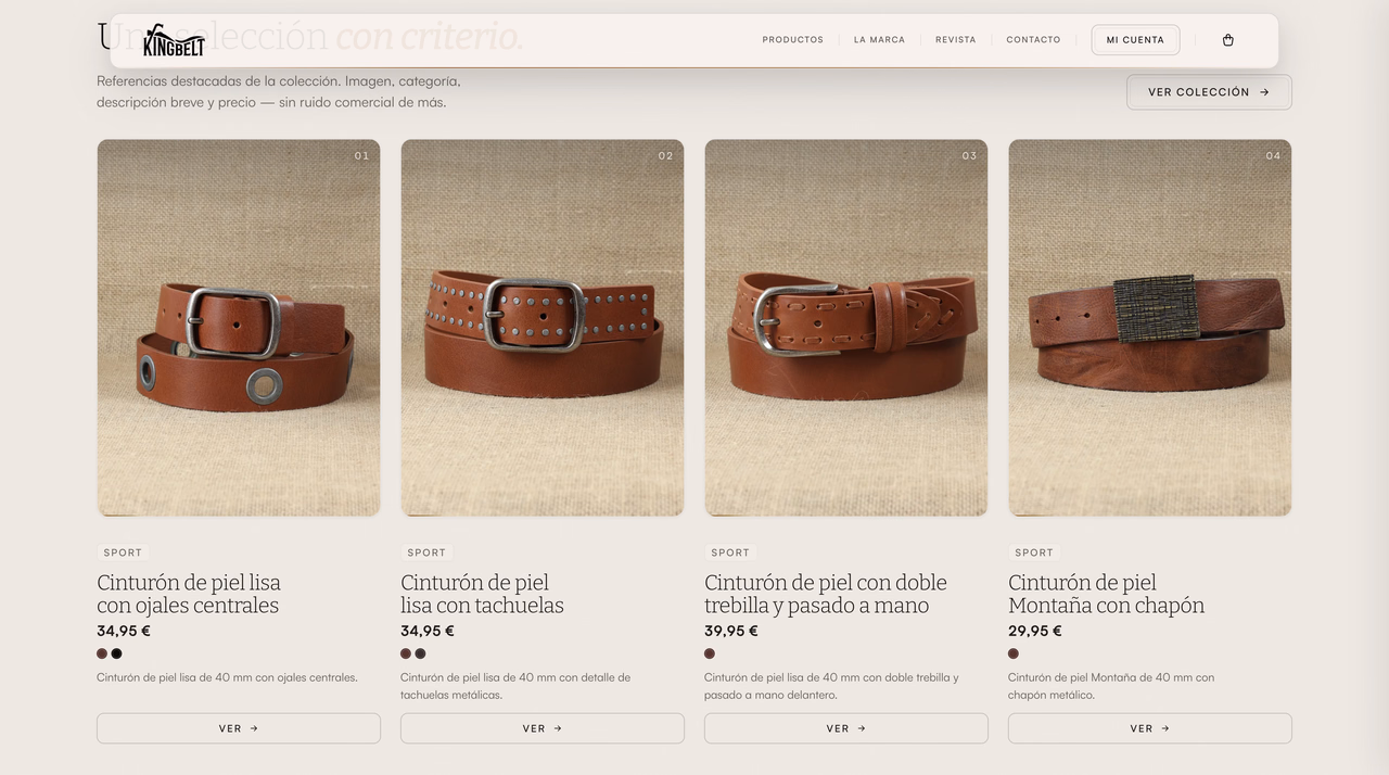 Collection page showing leather belts with names, prices and quick product links