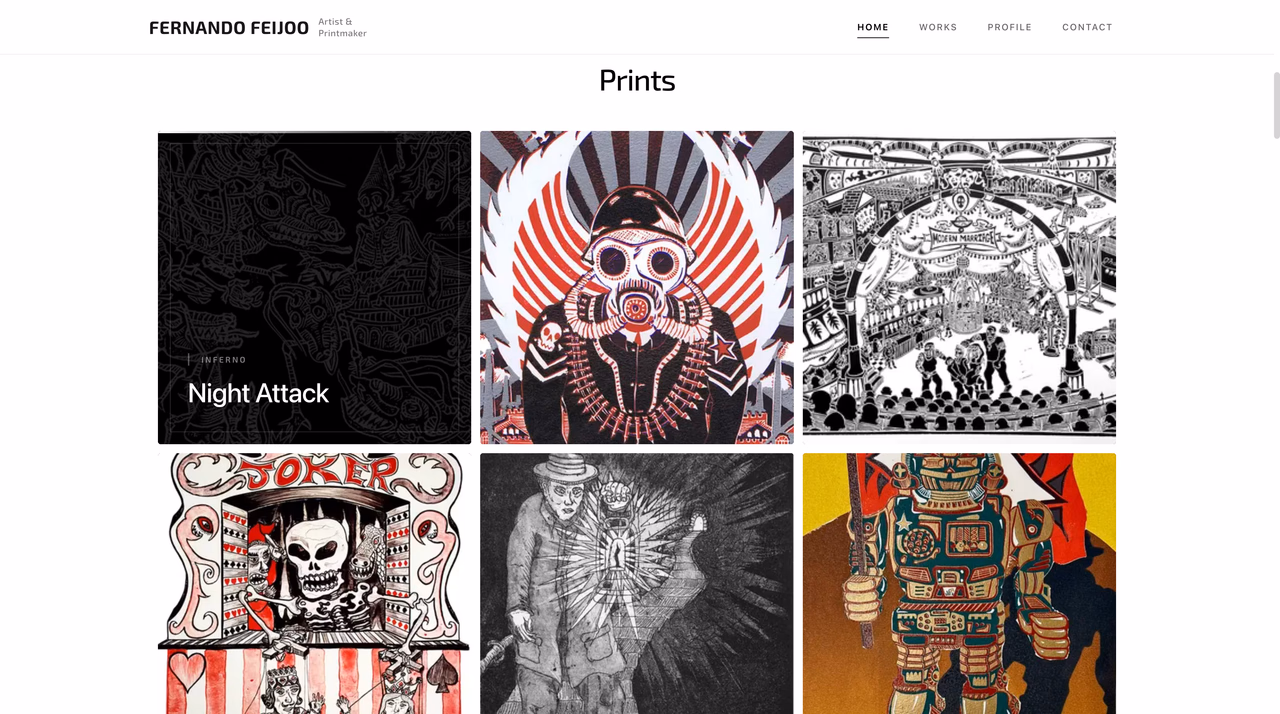 Works page showing a grid of prints including Night Attack and Joker