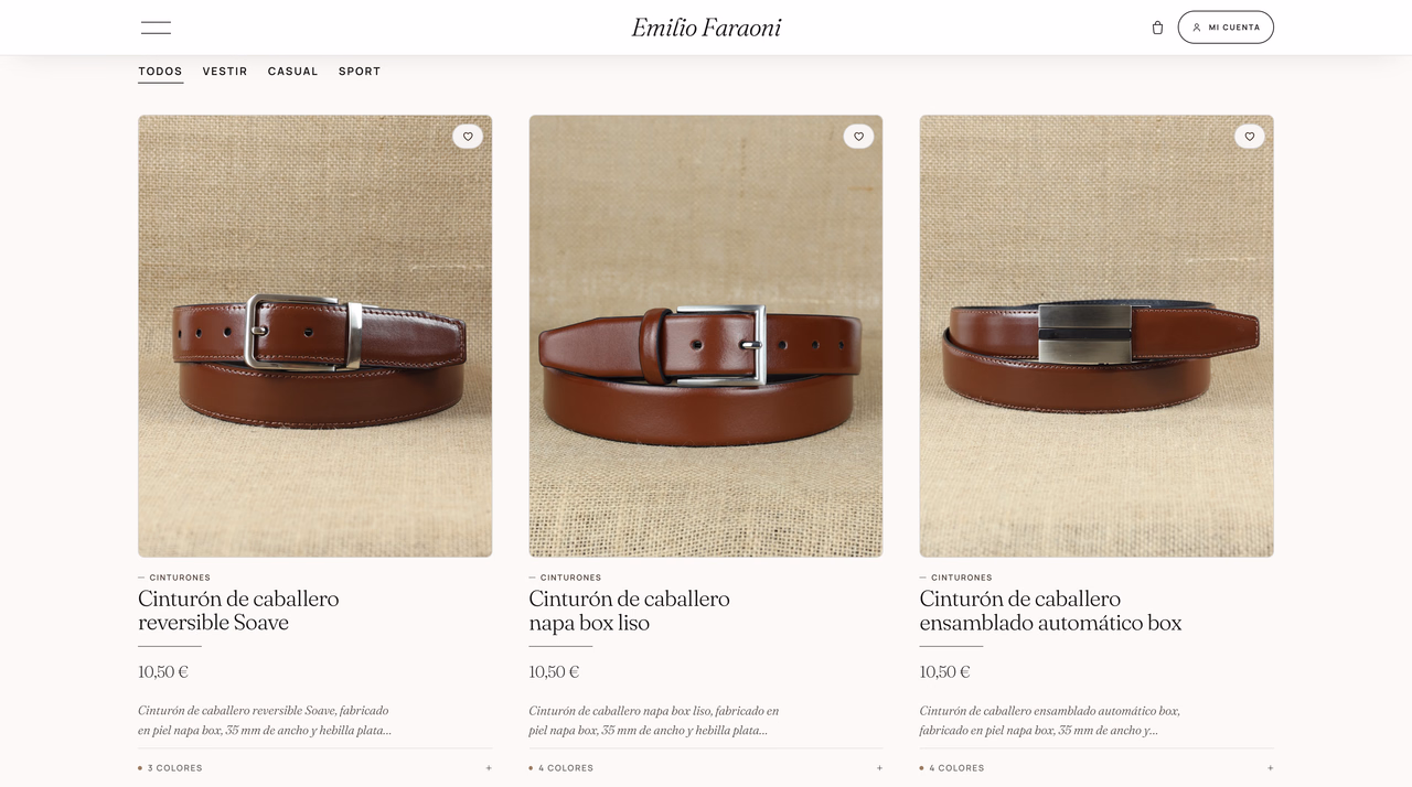 Public catalogue listing leather belts with category filters, product references and prices
