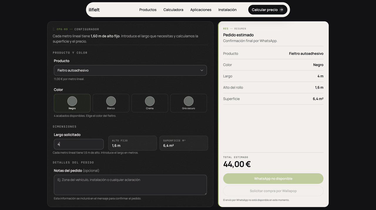 Felt calculator interface with product, colour and length inputs and an estimated order summary