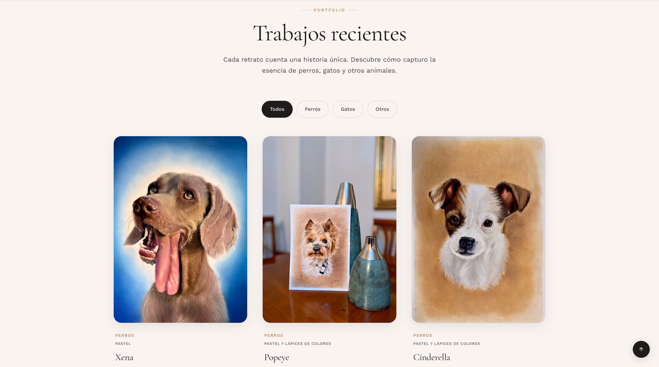 Recent works gallery of hand-painted dog portraits with category filters