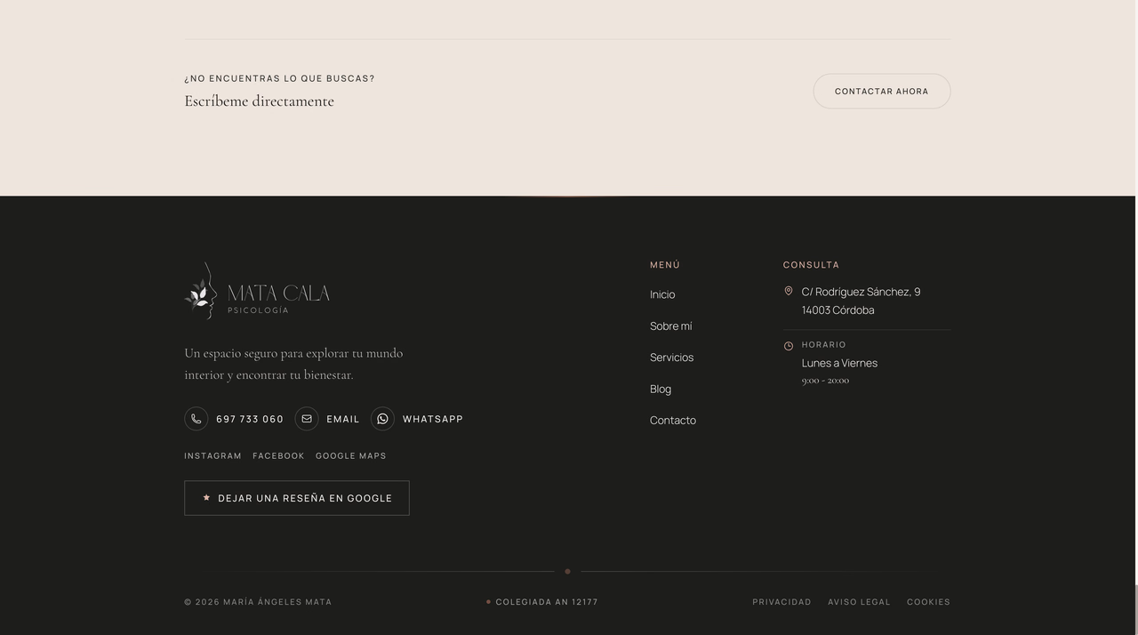 Dark footer section with navigation, practice address, hours and review link