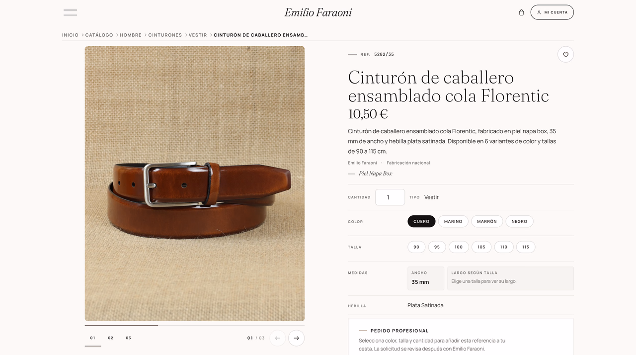 Product detail page for an assembled Florentic belt with colour, size and measurement selection and a professional-order action