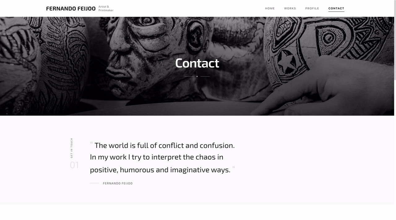 Contact page pairing a grayscale artwork with the artist's statement