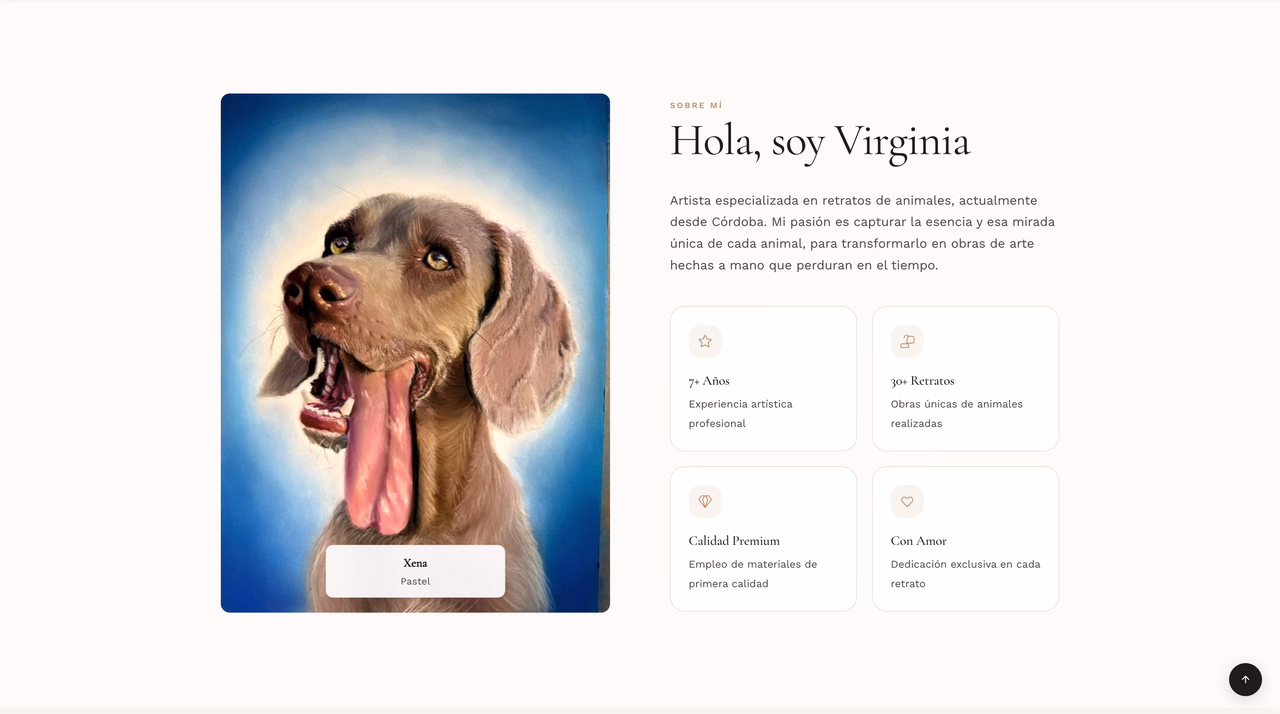 About section introducing the artist with a dog portrait and studio credentials
