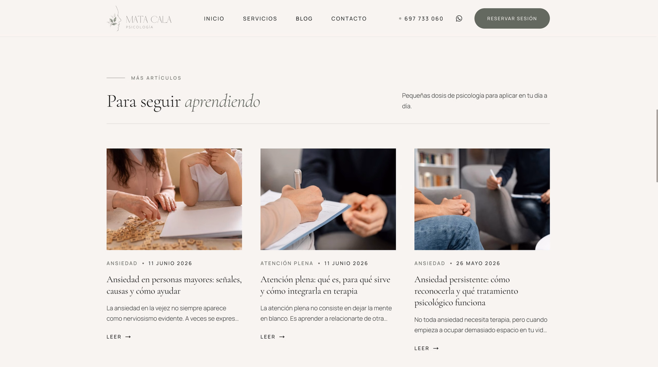 Articles page listing psychology articles on anxiety, mindfulness and therapy