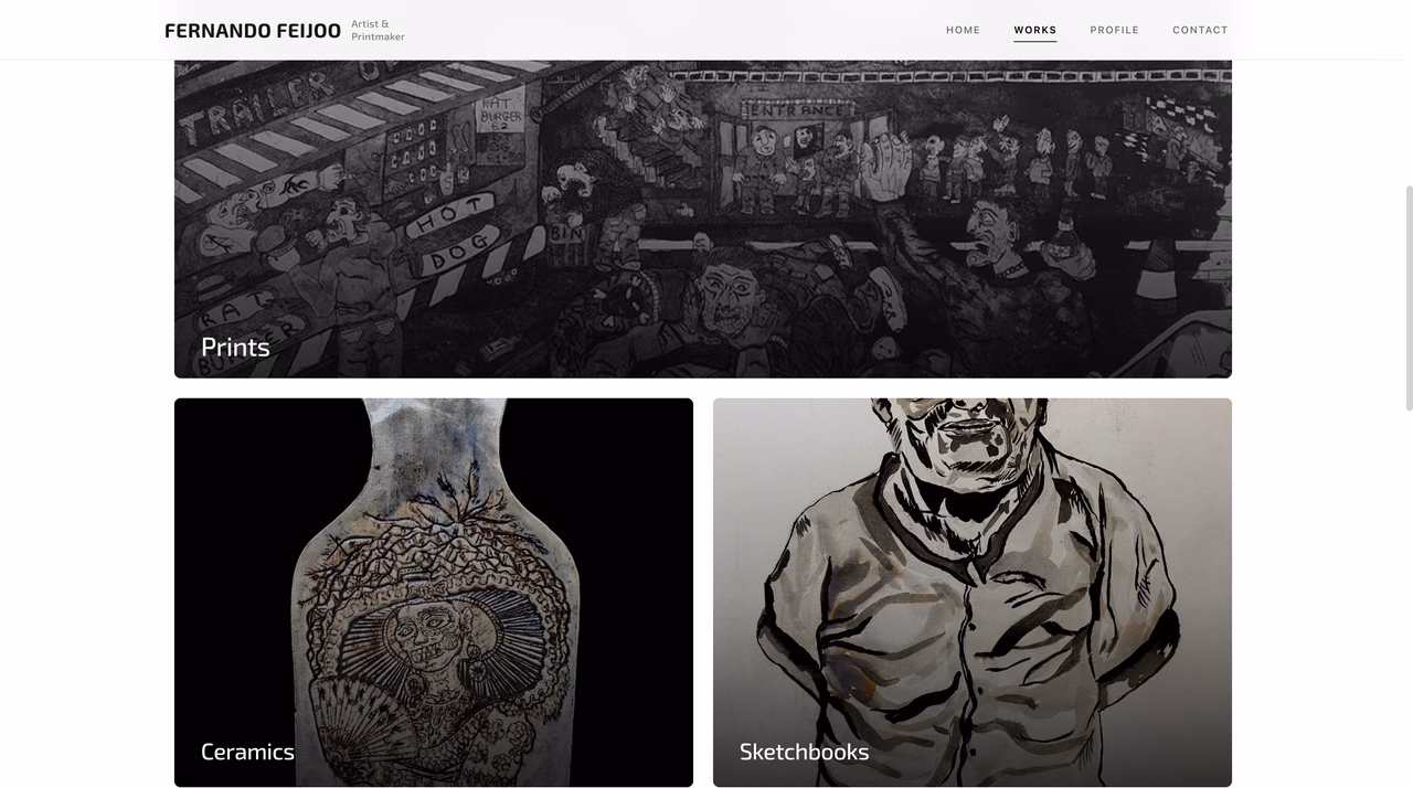 Works archive with a featured print and category entries for ceramics and sketchbooks