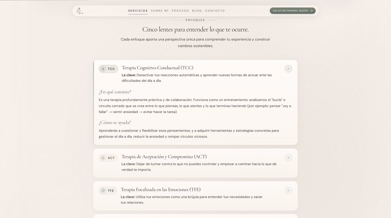 Section explaining five therapeutic frameworks with an accordion of definitions