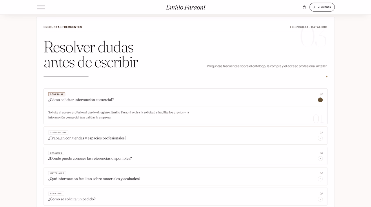 Frequently asked questions page covering the catalogue, professional access and ordering