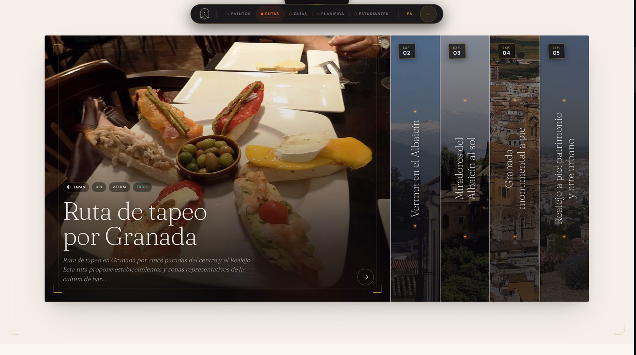Walking route page for a Granada tapas route, pairing a photographic field with a list of stops