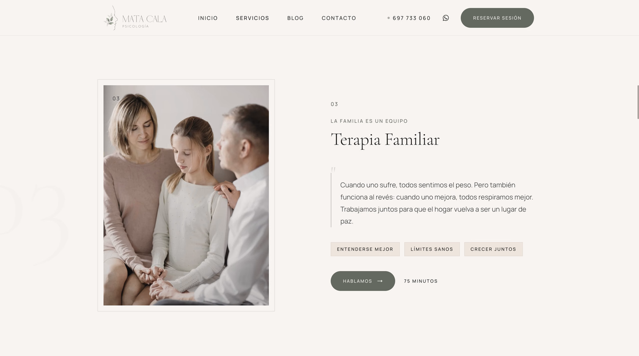 Family therapy service page with an illustration of a family and service actions
