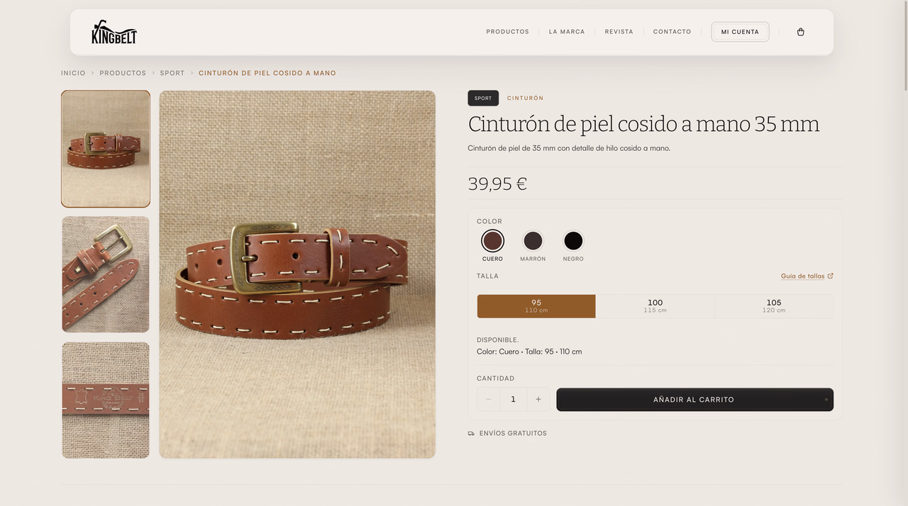 Product detail page for a hand-stitched 35 mm leather belt with colour, size and add-to-cart controls