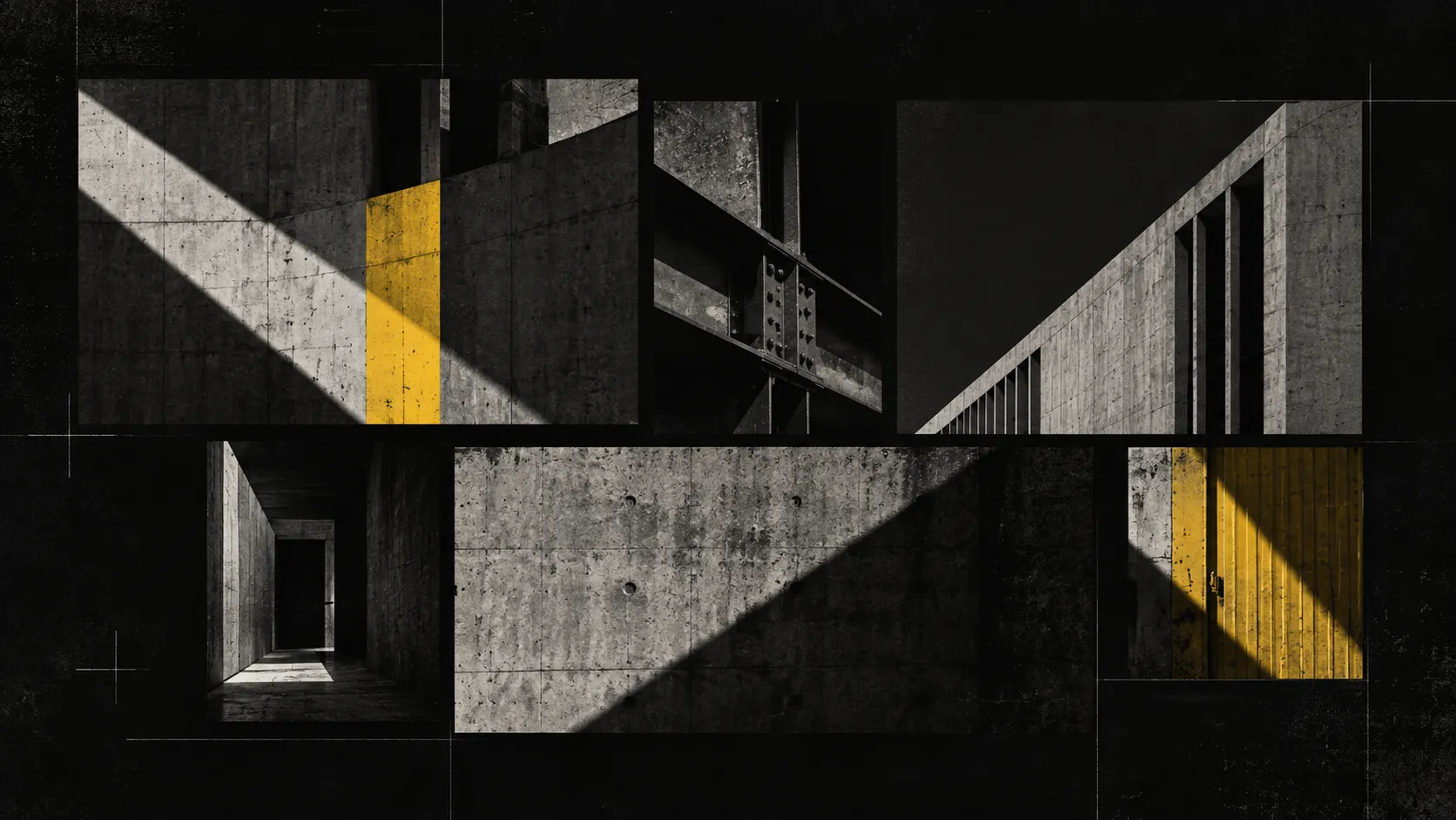 Collage of concrete architecture, shadows and yellow details